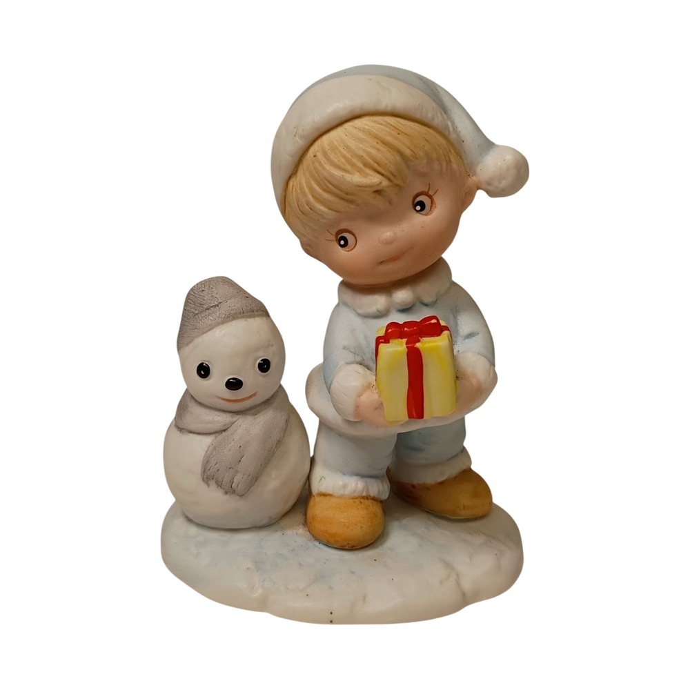 Vintage Homco‎ 5613 Porcelain Christmas Present Boy w/ Gift & Snowman  Figurine